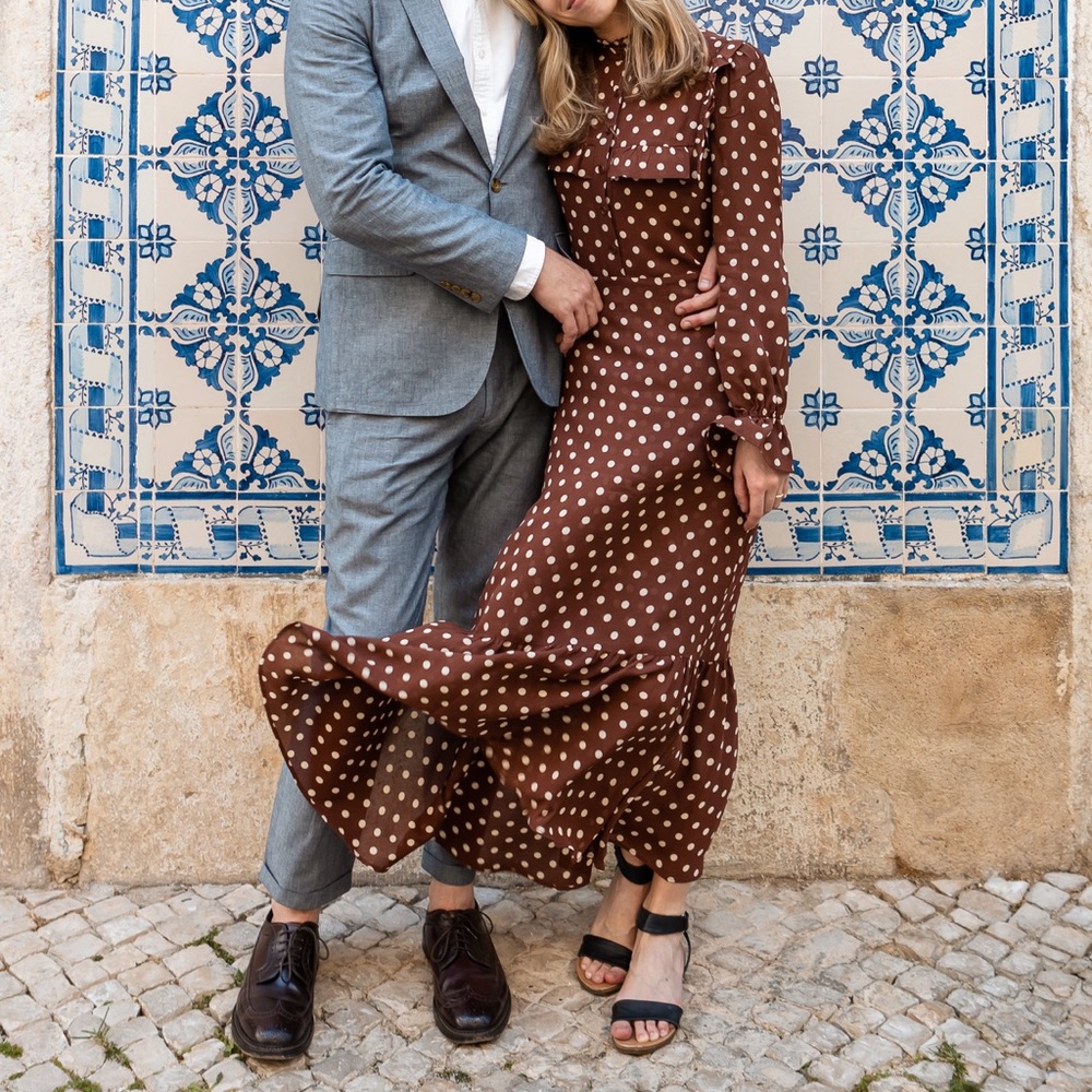 Reformation Hallie brown polka dot mid maxi dress 0